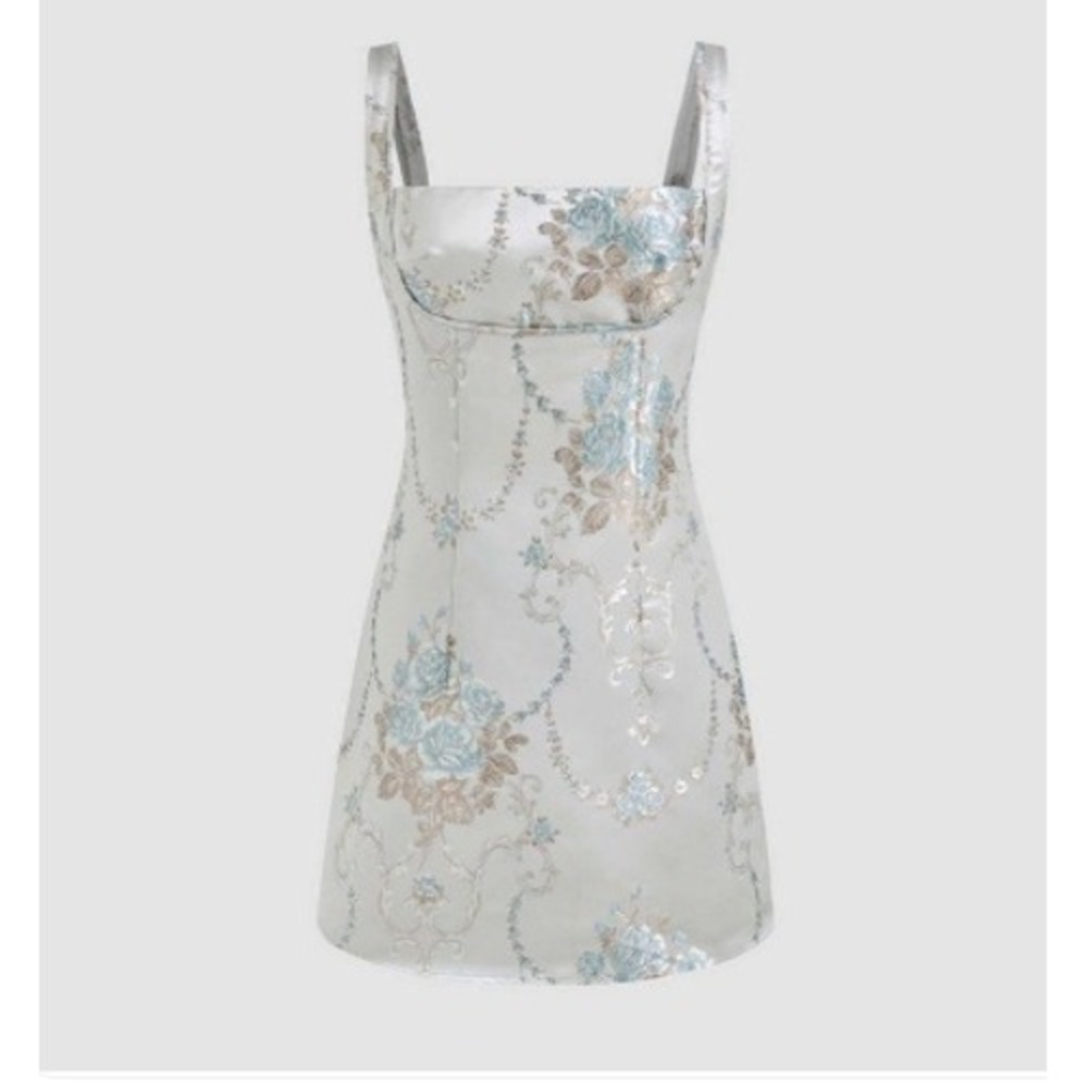 Cider NWT Floral Embroidered Mini Dress Silver Jacquard Homecoming Hoco Small